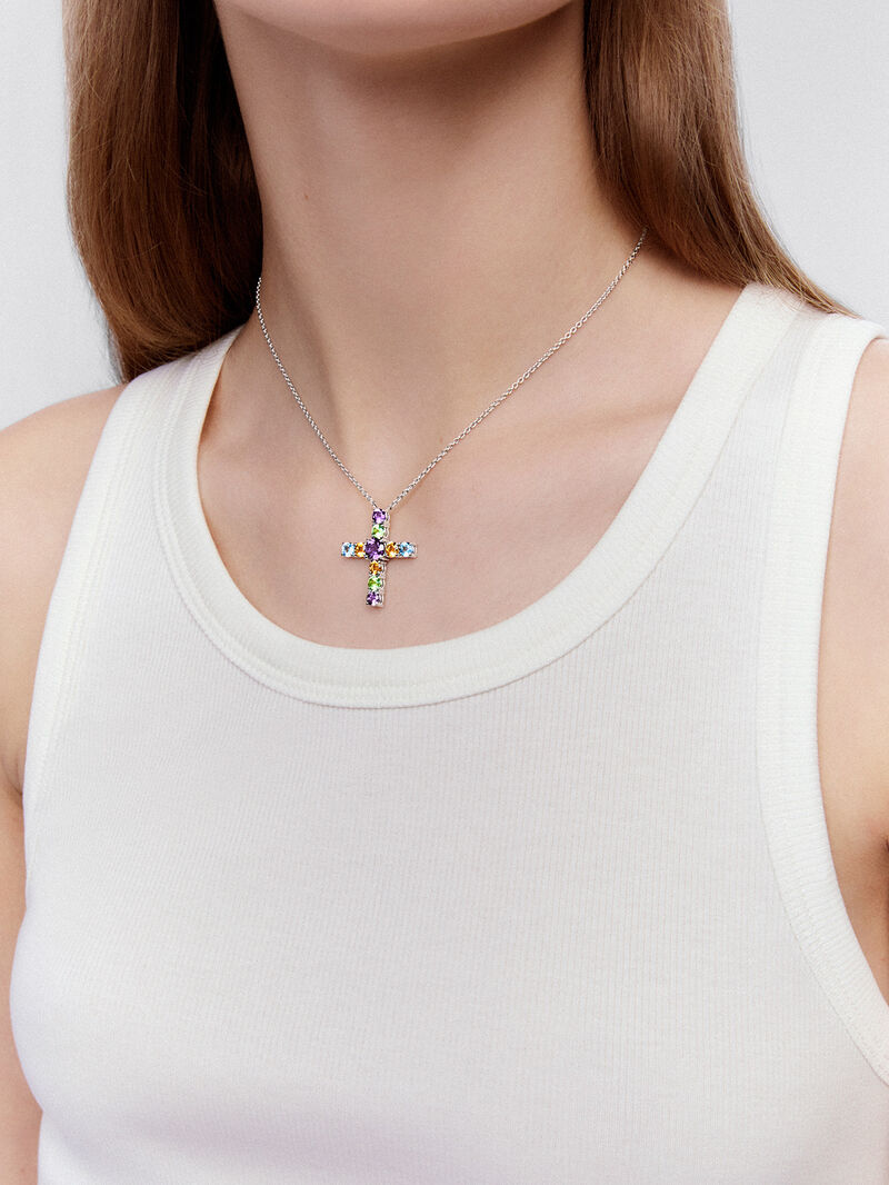 Pendant necklace with 925 silver cross and multicolor gems. image number 3