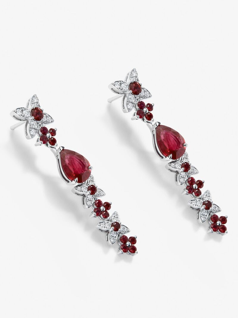 18k white gold earrings with red Pigeon blod rubies in pear size of 3.95 cts, red ruby ​​in bright size 1.63 cts and white diamonds in bright size of 0.5 cts image number 2