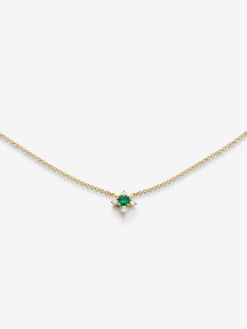 18K Yellow Gold Flower Pendant Chain with Emerald and Diamonds image number 2