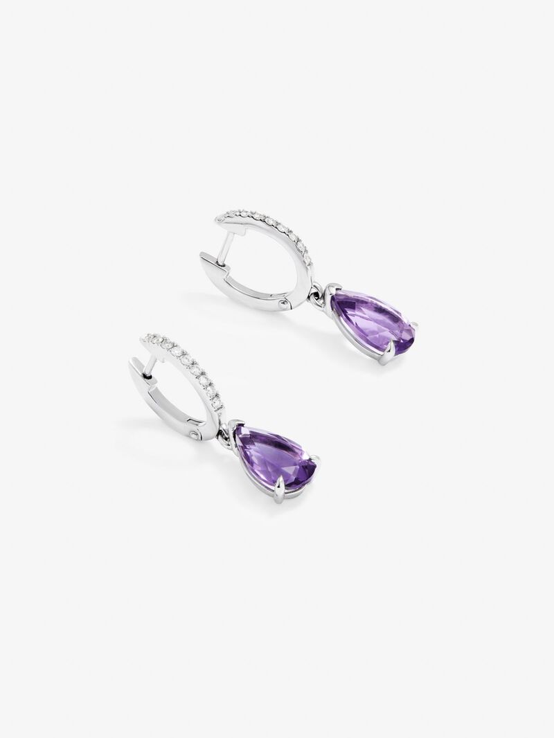 18K White Gold Hoop Earrings with Amethyst and Diamond Pendant image number 2