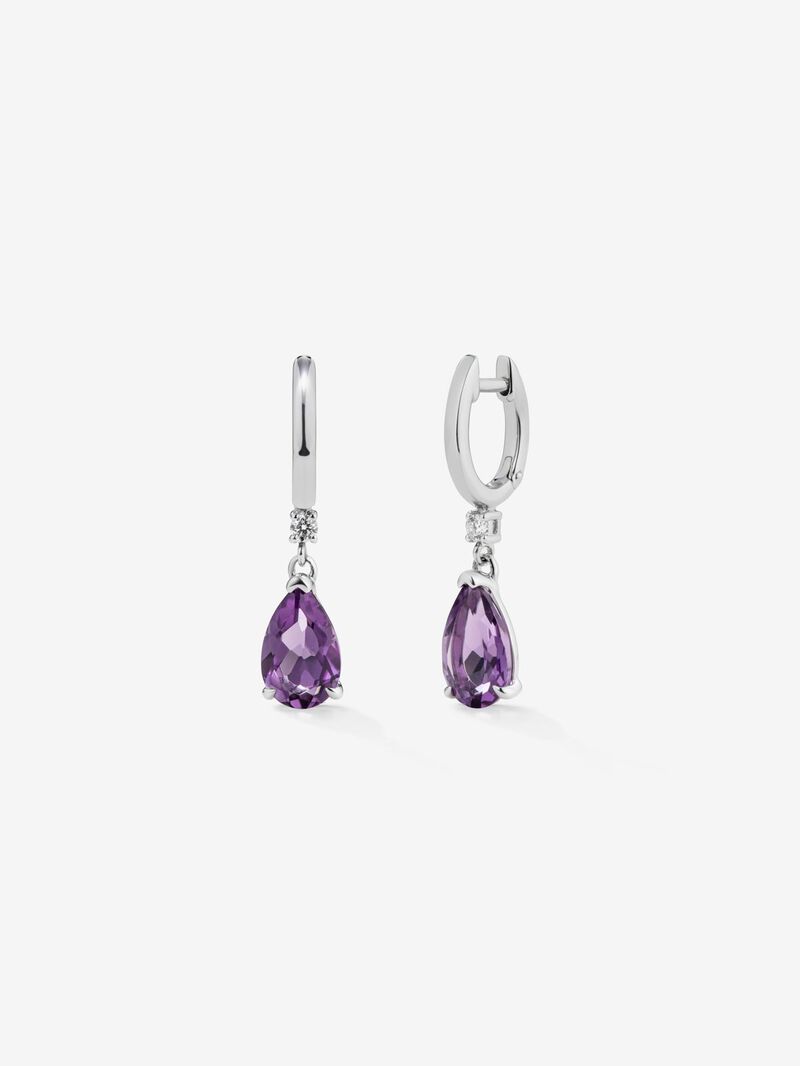925 Silver hoop earrings with amethyst and hanging diamond. image number 0