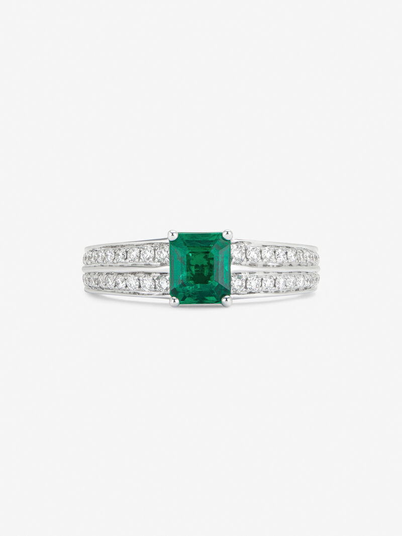Anillo de oro blanco de 18K con esmeralda en talla octogonal de 0,446 cts y 52 diamantes en talla brillante con un total de 0,19 cts image number 1