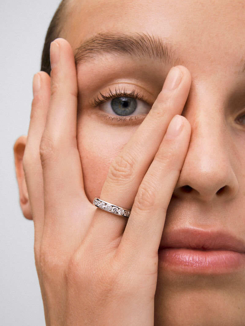 Half alliance engagement ring made of 18K white gold with diamonds on band. image number 3