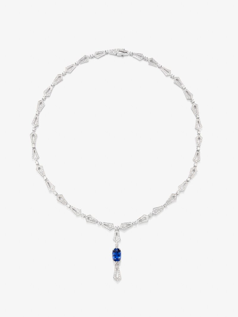 18K white gold necklace with blue sapphire in 3.17 cts and white diamonds in bright 4.13 cts diamonds image number 0