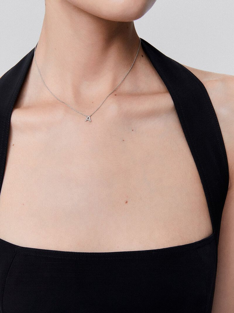 Pendant necklace with small initial in 18K white gold and diamonds. image number 3