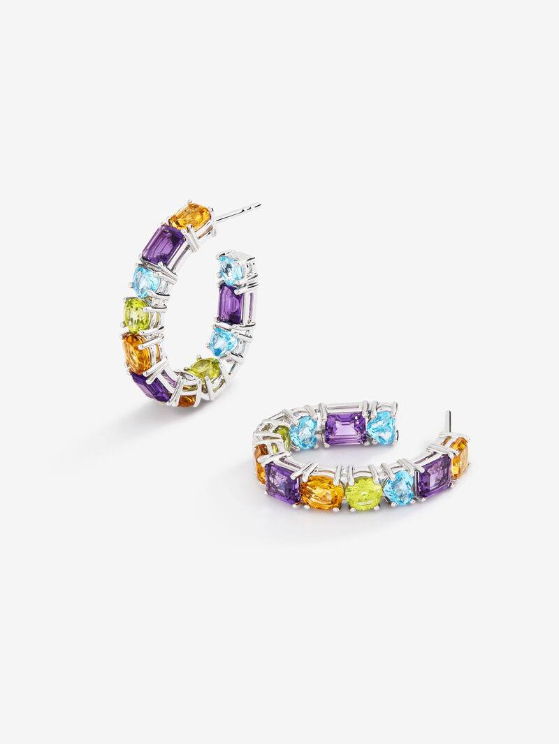 925 Silver hoop earrings with multicolor gems image number 2