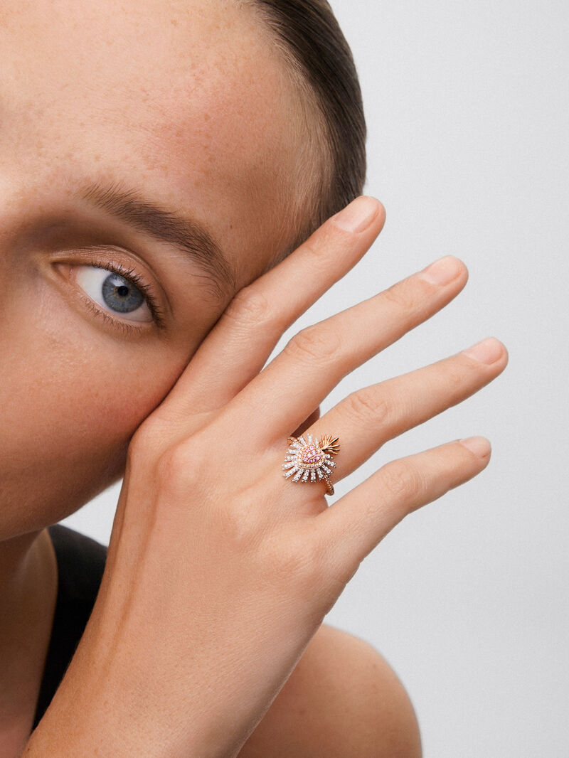 18K Rose Gold Heart Ring with Sapphire and Diamond image number 2