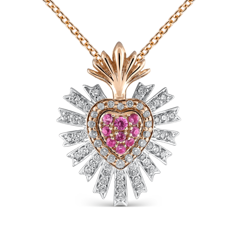 Colgante corazón de oro rosa y oro blanco de 18kt con diamantes y zafiros rosas, PT17003-OBORZRDDM_V