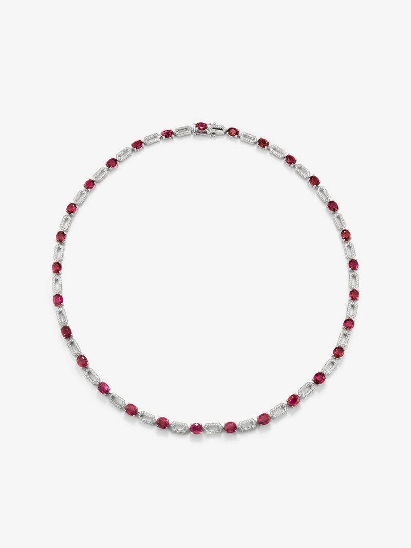 18K White Gold Collar with Red Rubyes in 18.04 cts oval size and white 1.31 cts bright diamonds image number 0