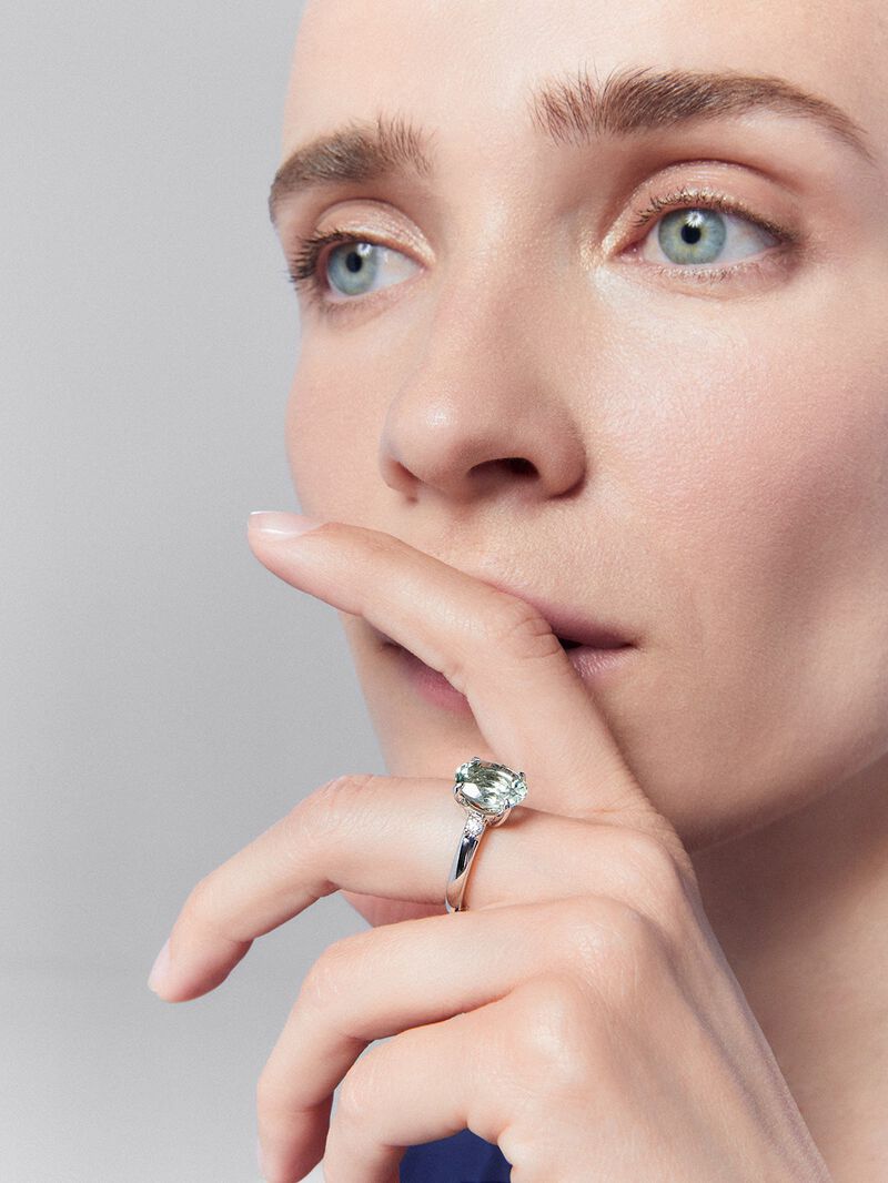 925 Silver trio ring with green amethyst and diamonds image number 0