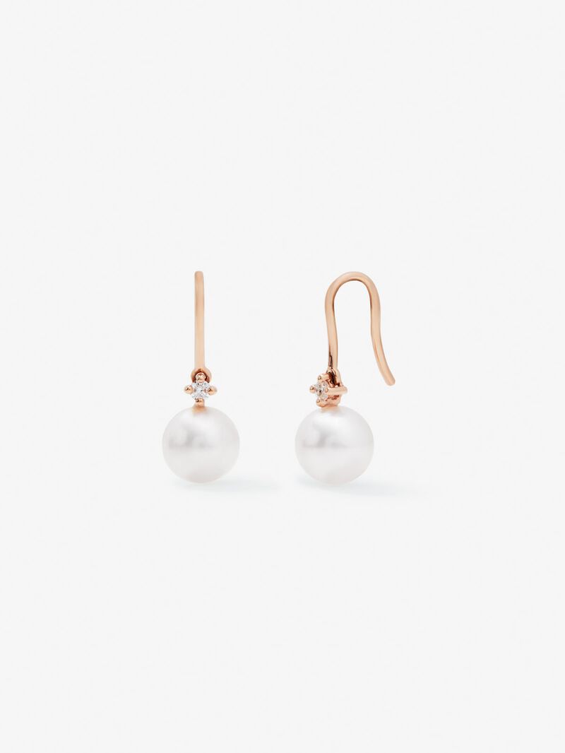 18k rose gold hanging earring with 8mm akoya pearl and diamond. image number 0