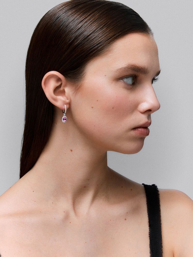 18kt white gold creole earrings with 1ct pink sapphire and diamonds. image number 0