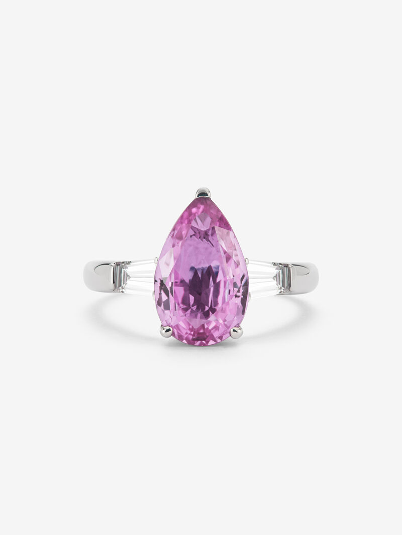 18K white gold ring with pear-cut pink sapphire of 4.86 cts and 2 fancy-cut diamonds with a total of 0.57 cts image number 2