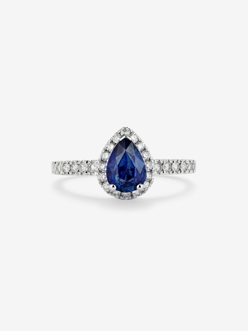 18K white gold ring with pear-cut blue sapphire of 0.97 cts and 34 brilliant-cut diamonds with a total of 0.45 cts image number 1