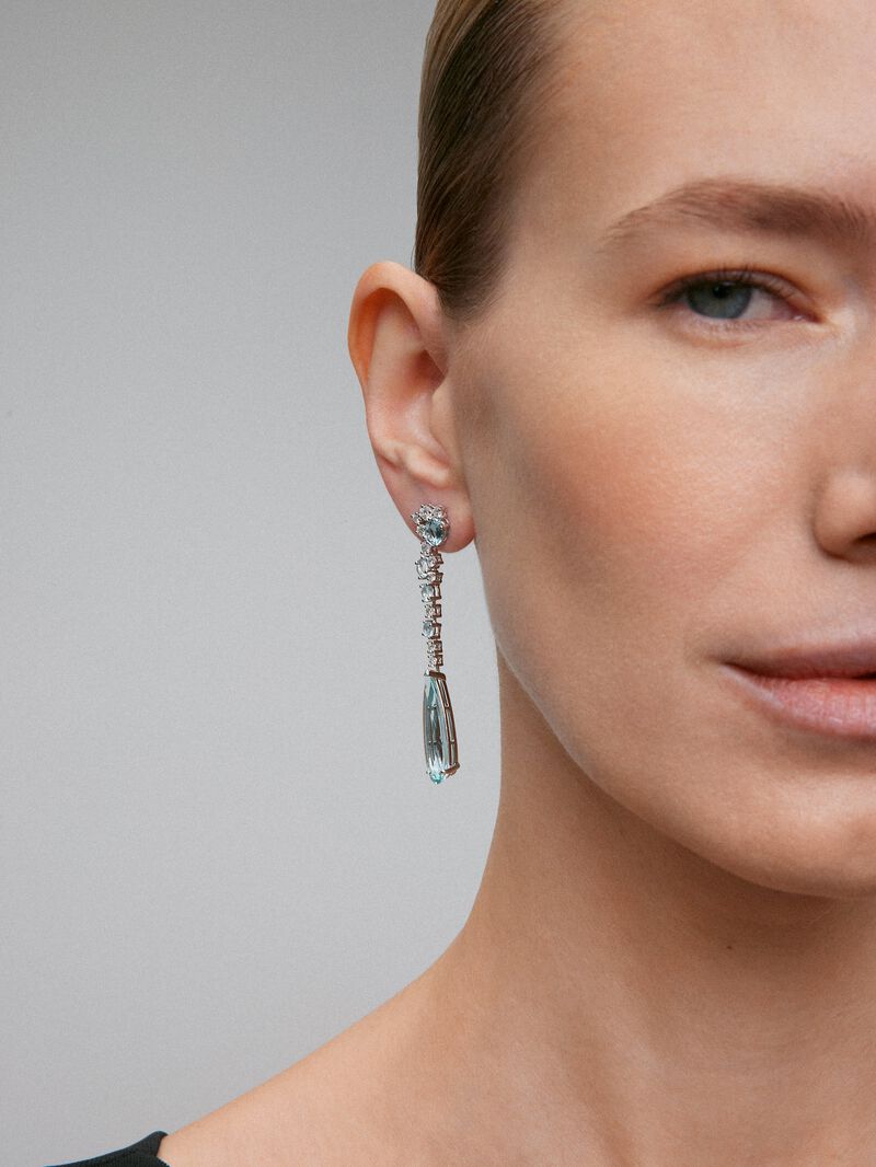 18K White Gold Earrings with Diamonds and Aguamarina image number 1