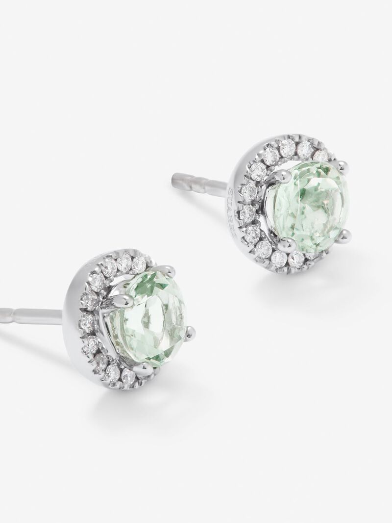 18K White Gold Button Earrings with Green Amethyst and Diamond image number 2