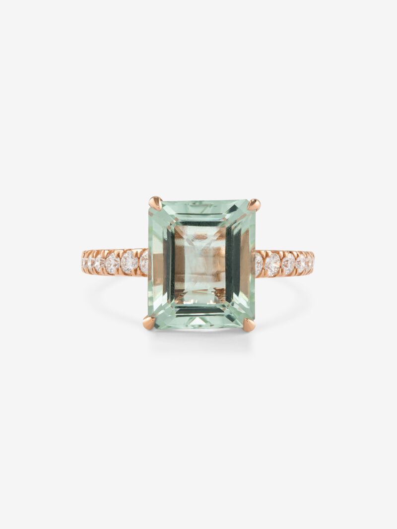 18K rose gold ring with green amethyst in emerald cut of 4.25 cts and 14 brilliant cut diamonds with a total of 0.32 cts image number 2
