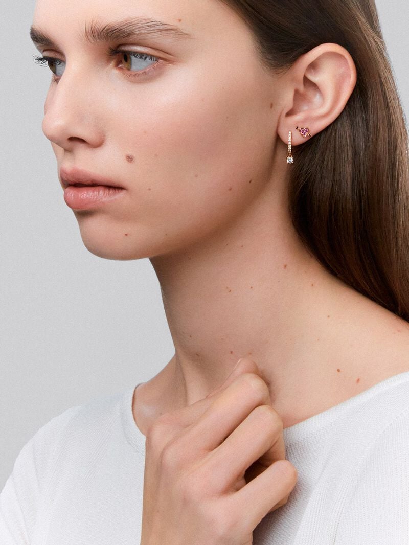 Individual 18K rose gold earring with 3 brilliant-cut pink sapphires with a total of 0.1 cts and heart shape image number 3