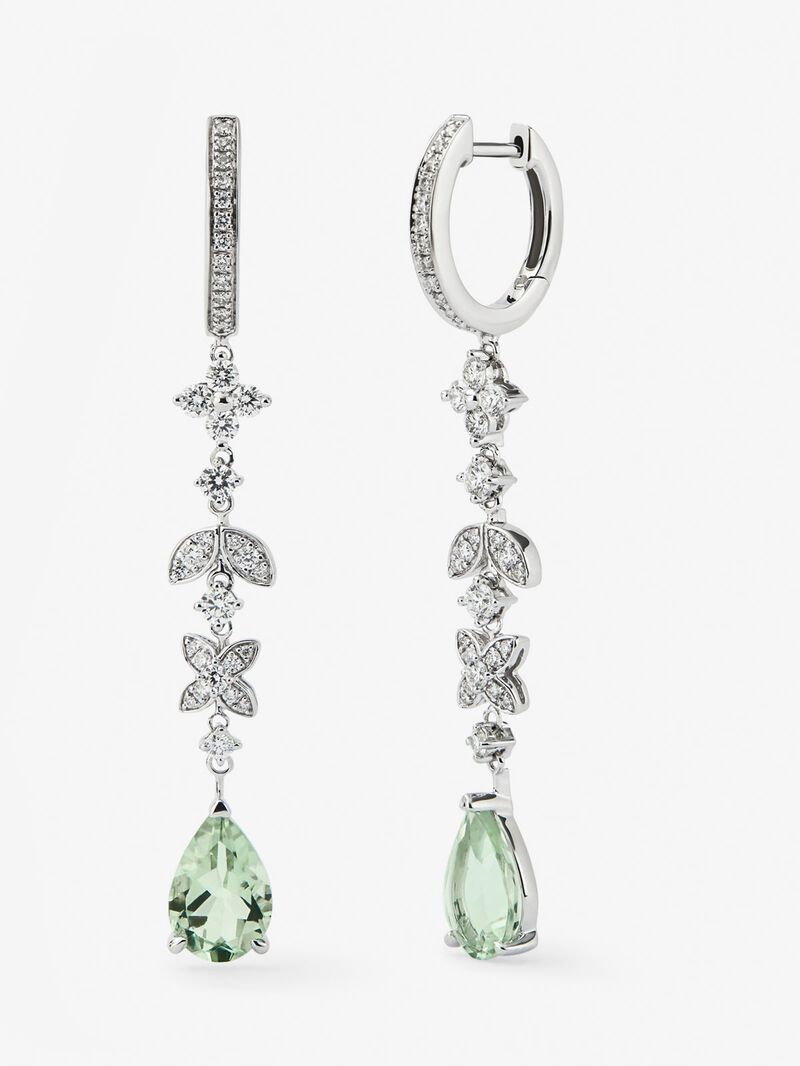 18K white gold earrings with 64 brilliant-cut diamonds with a total of 0.64 cts and 2 pear-cut green amethysts image number 0