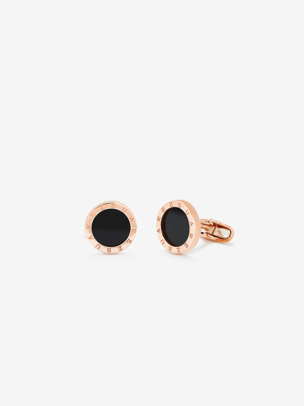 Gemelos redondos de oro rosa de 18kt con piedra ónix negro, GE13003-ORON_V
