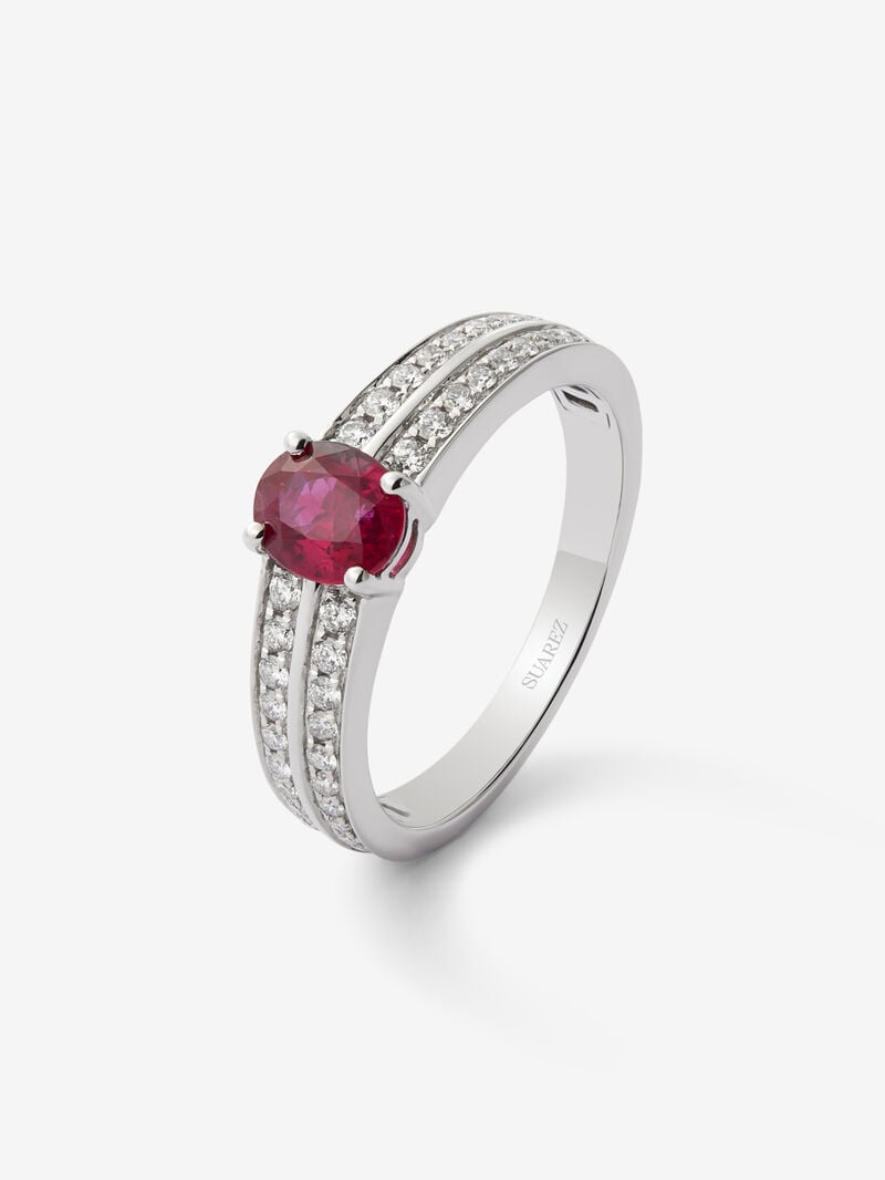 18K white gold ring with oval-cut ruby ​​of 1.055 cts and 40 brilliant-cut diamonds with a total of 0.31 cts image number 0