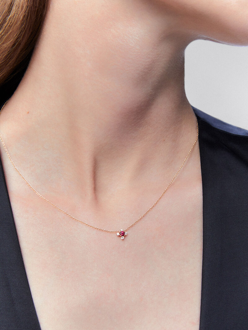 18K rose gold flower pendant chain with ruby and diamonds. image number 3