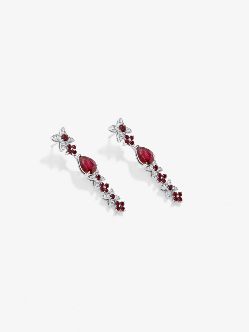 18k white gold earrings with red Pigeon blod rubies in pear size of 3.95 cts, red ruby ​​in bright size 1.63 cts and white diamonds in bright size of 0.5 cts image number 2