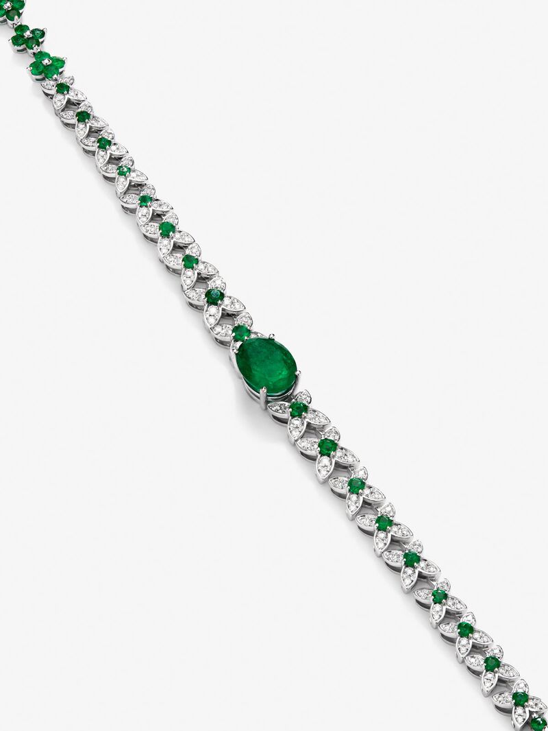 18K white gold necklace with diamonds and emerald. image number 2