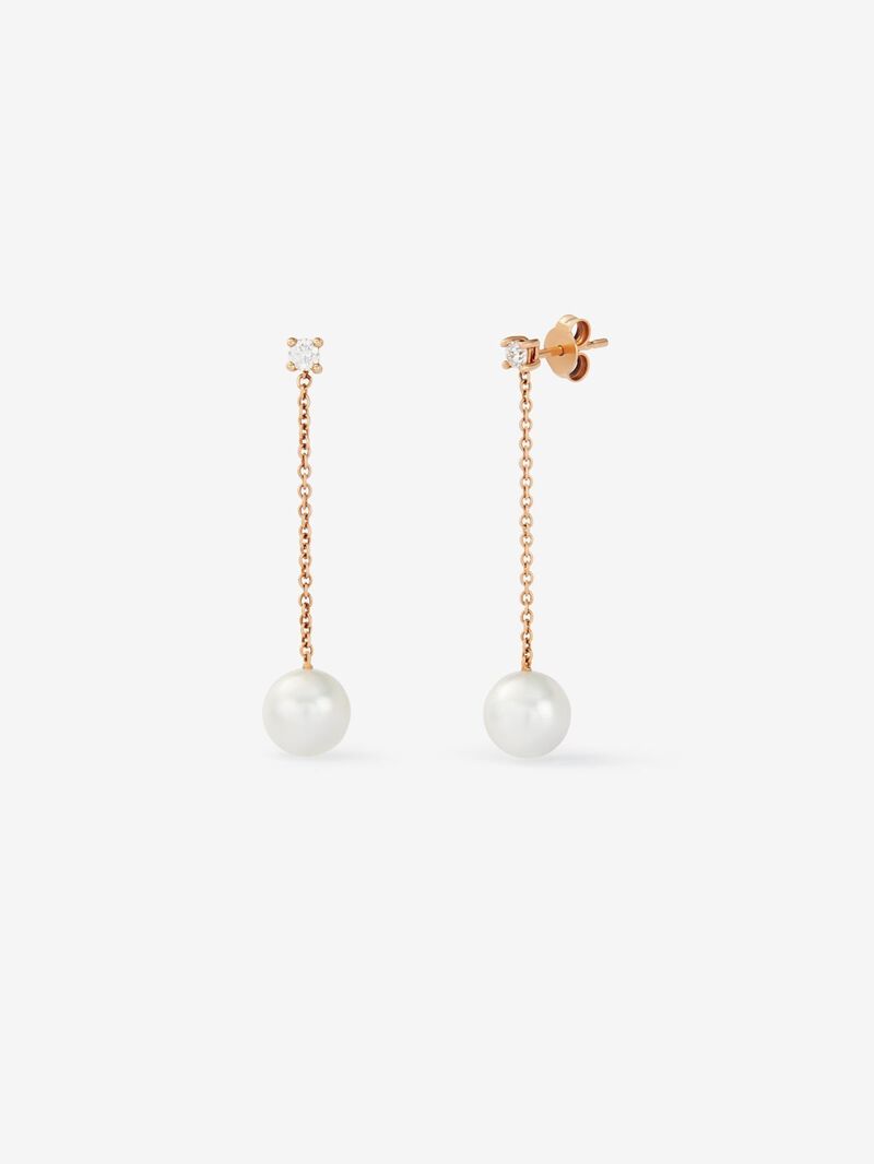 18K rose gold chain earrings with 2 brilliant-cut diamonds with a total of 0.22 cts and 2 9mm pearls image number 0