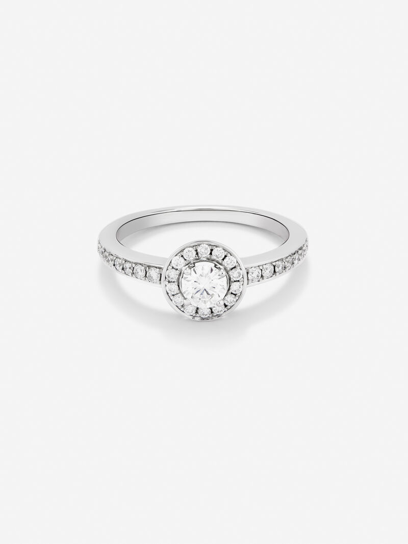 18K white gold solitaire engagement ring with a halo of diamonds image number 2