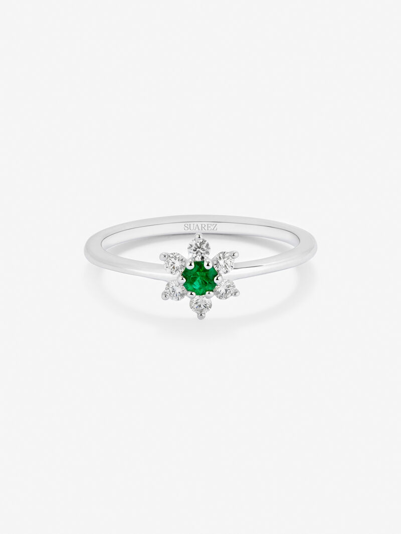 18K white gold ring with brilliant-cut green emerald of 0.08 cts and 6 brilliant-cut diamonds with a total of 0.15 cts in the shape of a star image number 2