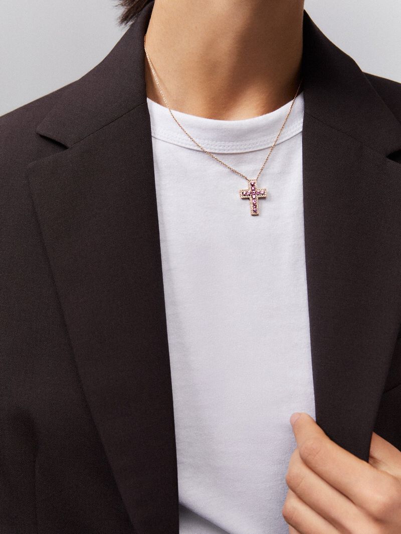 18kt rose gold cross pendant with diamonds and pink sapphires image number 1
