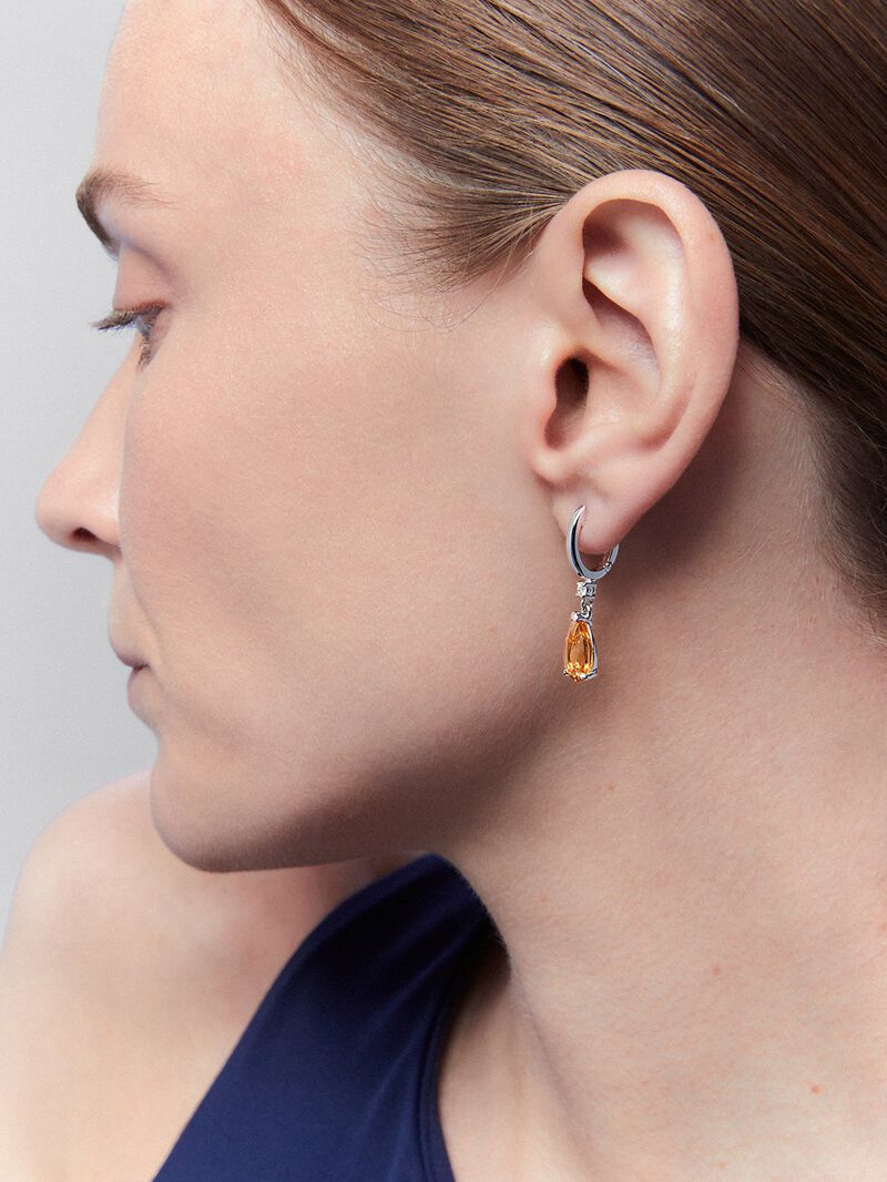 925 Silver hoop earrings with citrine and hanging diamond image number 1