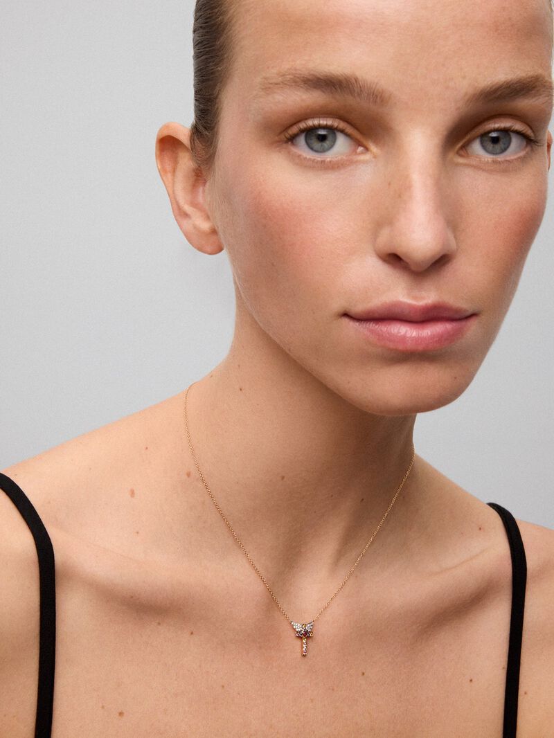 18K Rose Gold Cross Pendant Chain with Sapphire and Diamond. image number 1