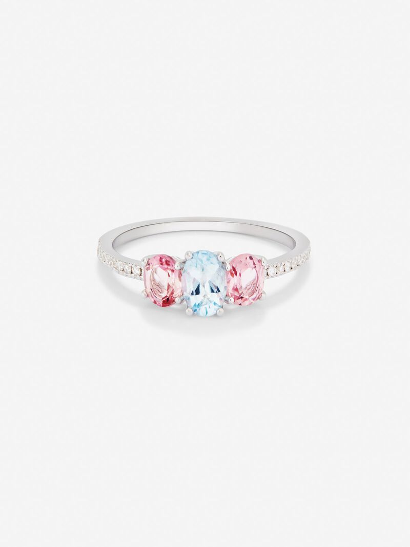 18K white gold triplet ring with oval-cut aquamarine of 0.4 cts, 2 oval-cut pink tourmalines with a total of 0.7 cts and 20 brilliant-cut diamonds with a total of 0.1 cts image number 2