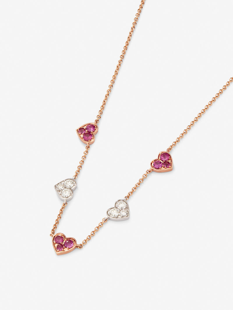 18kt Rose Gold and White Gold Heart Necklace with Pink Sapphires and Diamonds. image number 2