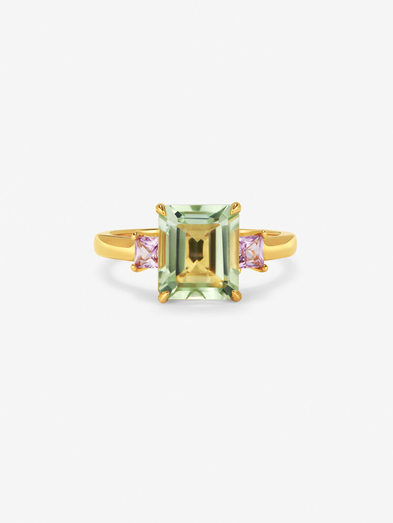 18k yellow golden ring with green amethyst in octagonal size 2.53 cts and pink sapphires in 0.41 cts princess size image number 2
