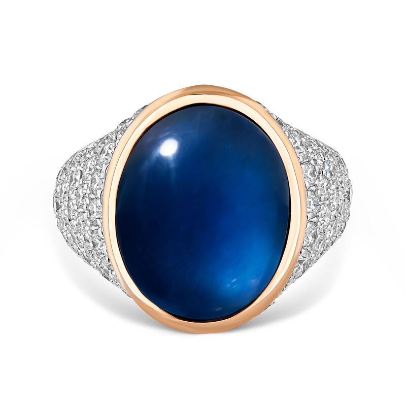 Anillo de oro blanco de 18kt con zafiro azul talla cabujón oval de 11,2cts y brazo de diamantes, SO22063-OBORDZ_V