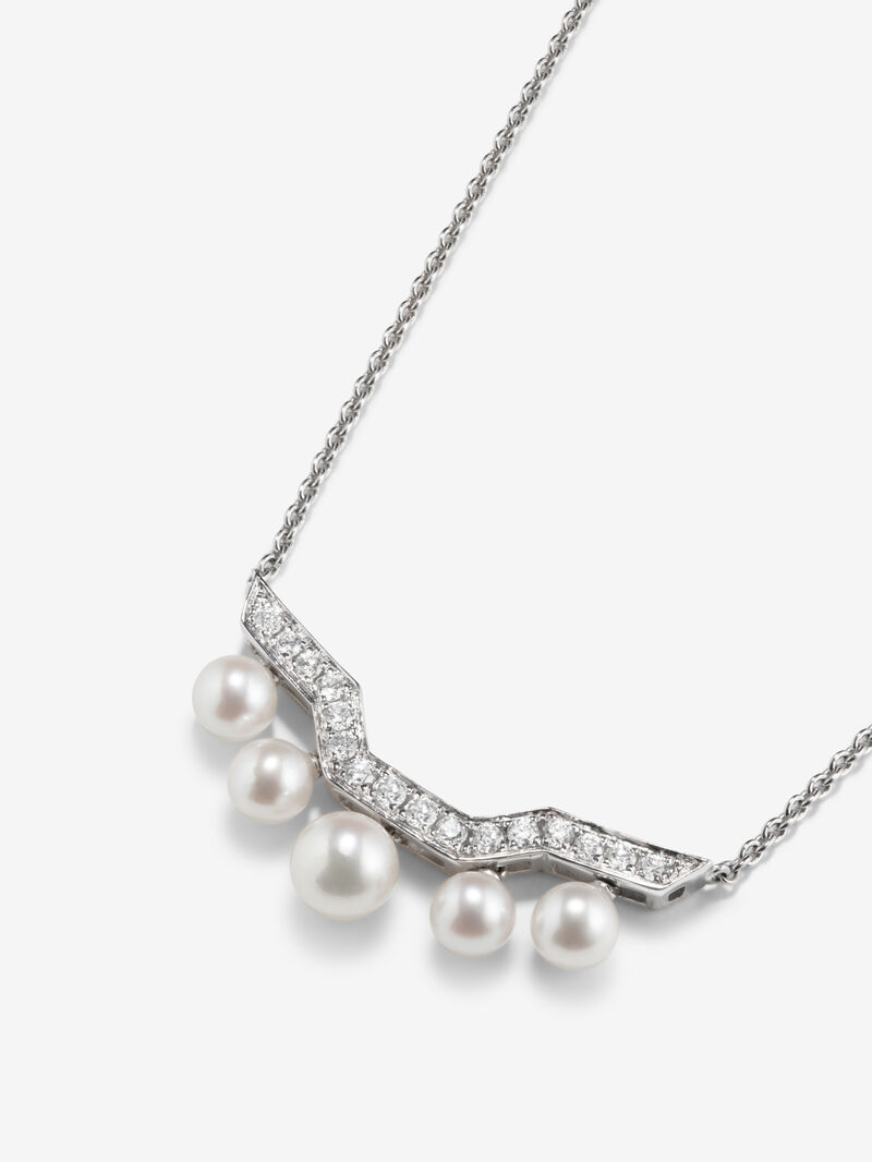 18k white gold pendant chain with five Akoya pearls and diamonds. image number 2