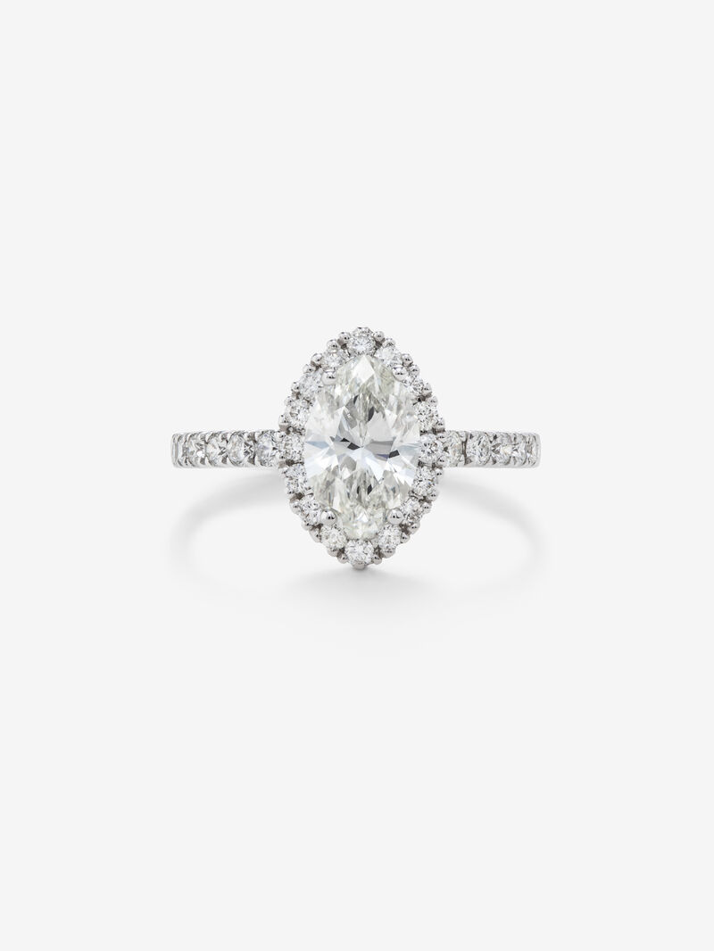 18K white gold solitaire ring with a halo of diamonds. image number 3