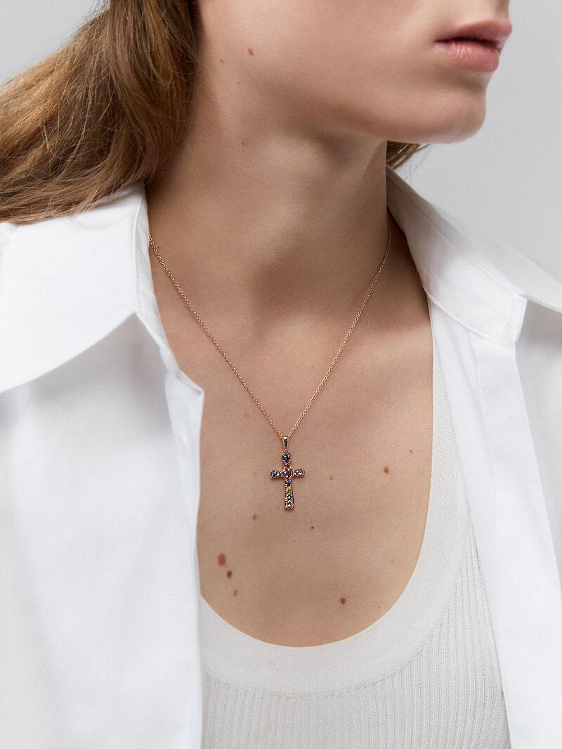 18K Rose Gold Cross Pendant Chain with Sapphire image number 0