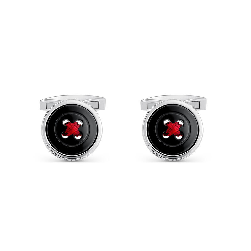 Gemelos redondos botón de plata con hilo rojo y piedra ónix negro, GE10002-00C_V