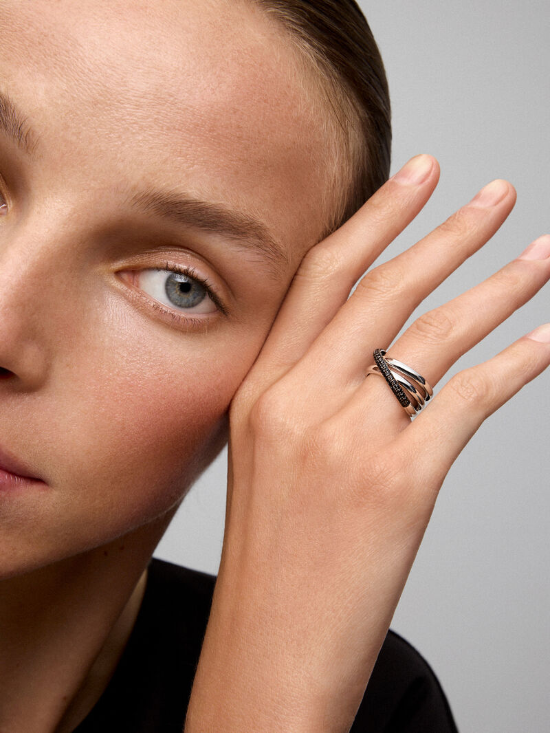 925 silver crossed multi-arm ring with brilliant-cut black spinels image number 3