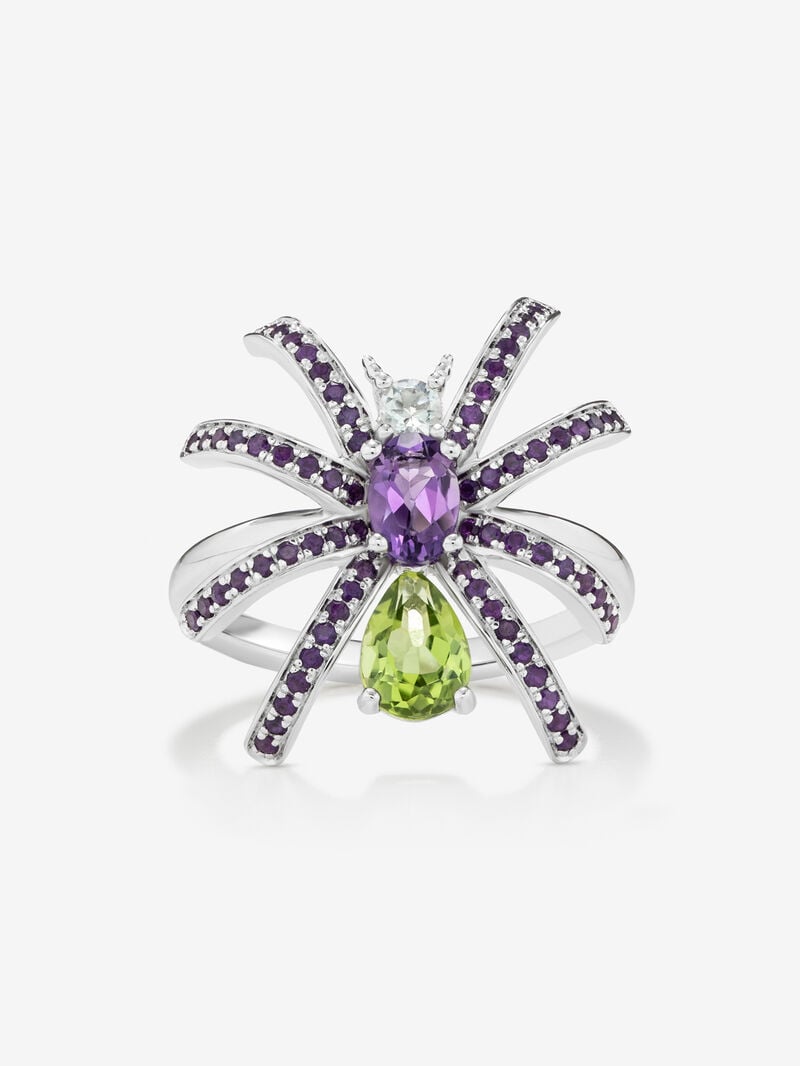 Silver spider ring with peridotos and amethyst image number 1