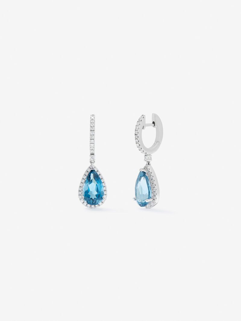 18K White Gold Hoop Earrings with Topaz and Diamond Pendant image number 0