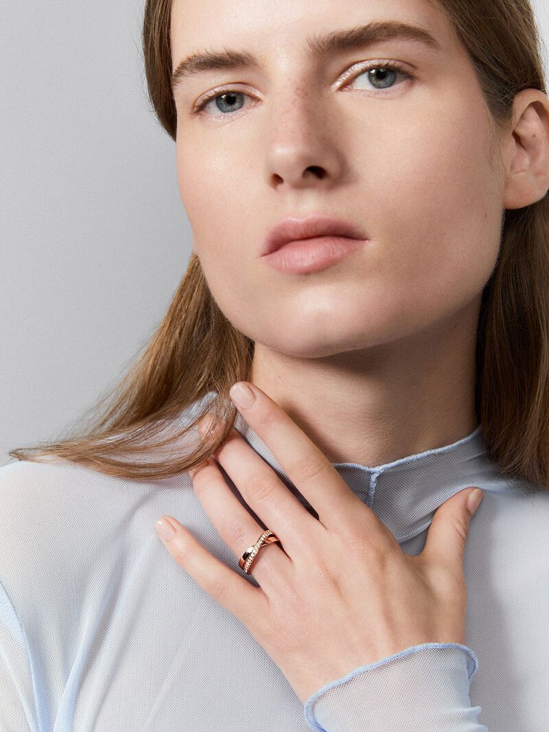 18K Rose Gold Crossed Ring with Diamonds image number 1