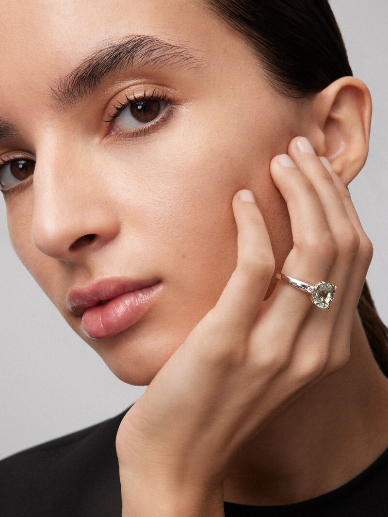 925 silver triple ring with cushion-cut green amethyst of 3.95 cts and 2 brilliant-cut diamonds with a total of 0.12 cts image number 3