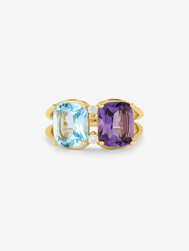18kt yellow gold ring with diamonds, Sky and amethyst topacios image number 2