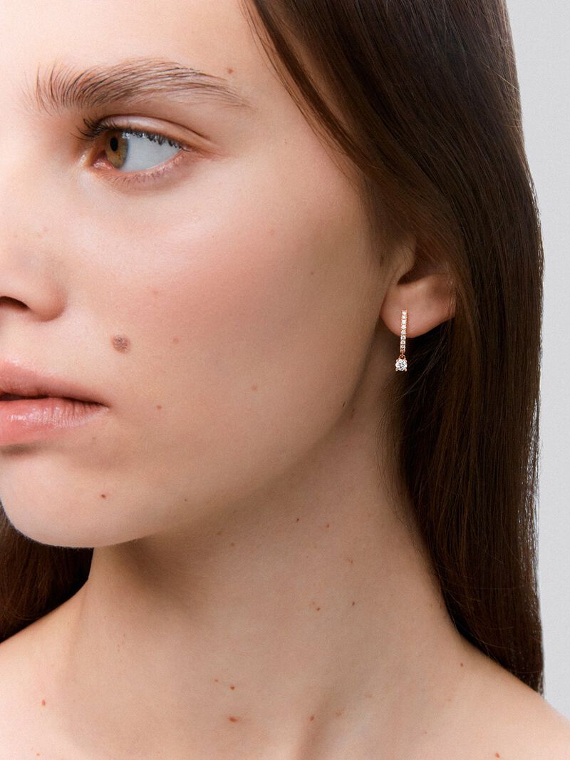 18K Rose Gold Hoop Earrings with Diamond Pendant image number 3