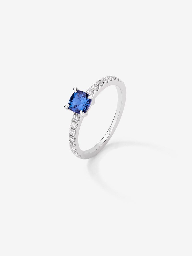 18K white gold solitaire ring with cushion-cut tanzanite of 0.72 cts and 16 brilliant-cut diamonds with a total of 0.26 cts image number 0